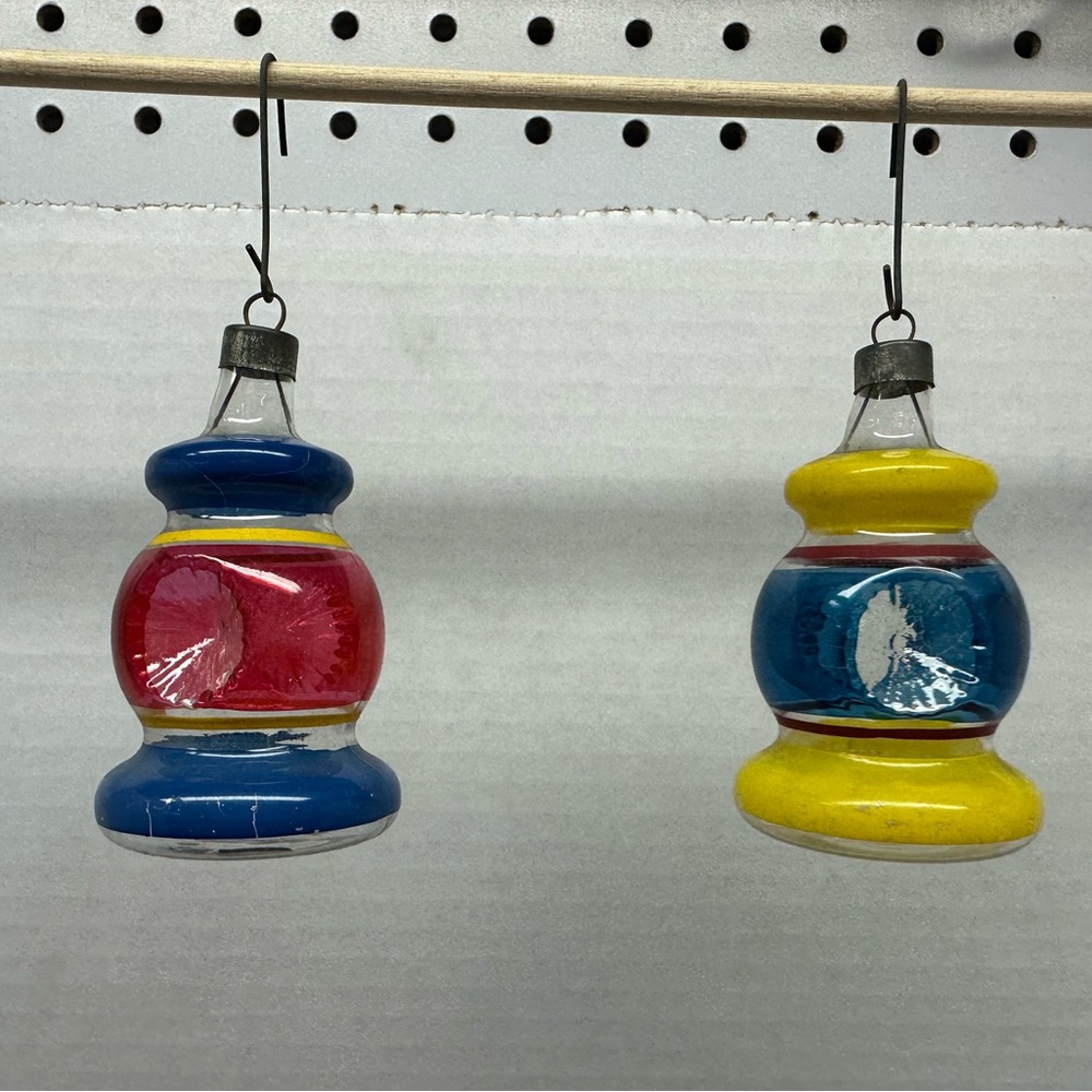 2 Vintage Unsilvered Premier Railroad Lantern Double Indent Christmas Ornament